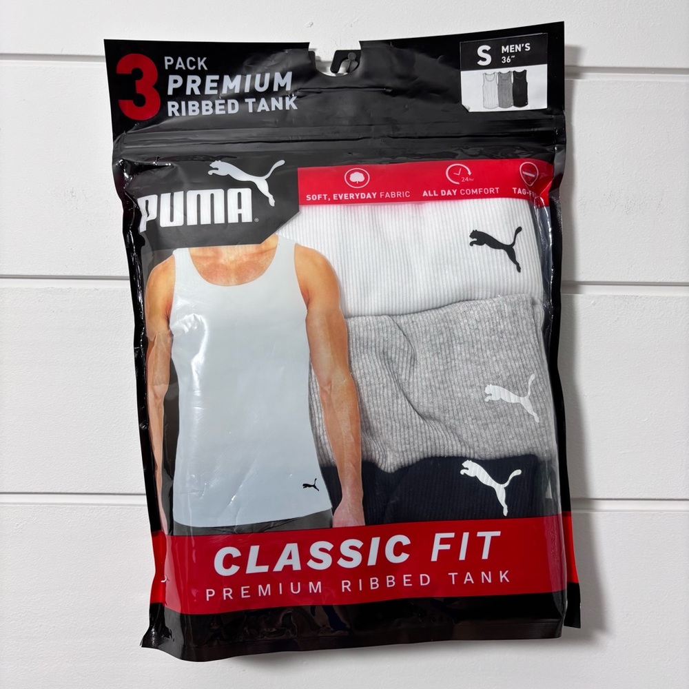 PUMA 3 Pack Premium Ribbed Tank White/ Gray/ Black Size‎ S  36" Classic Fit